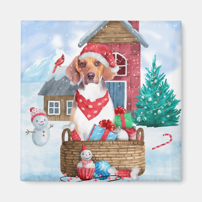 Aimant Chien beagle dans la neige Maison de Chien de Noël (Devant)