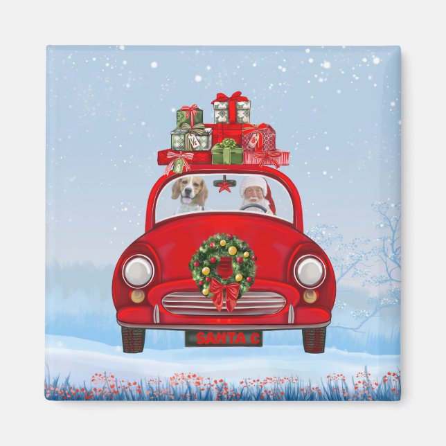 Aimant Chien beagle En Voiture Avec Le Père Noël (Devant)