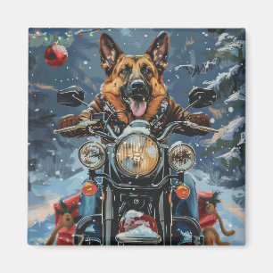 Aimant Chien Berger Allemand à Vélo sur une Moto Noël