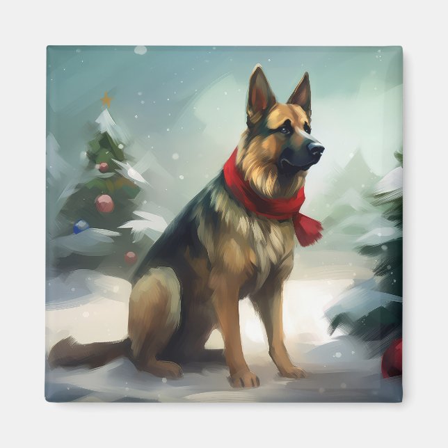 Aimant Chien berger allemand en Noël de neige (Devant)
