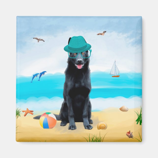 Aimant Chien berger allemand noir sur la plage (Devant)