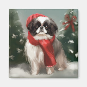 Aimant Chien chinois japonais à Noël de neige