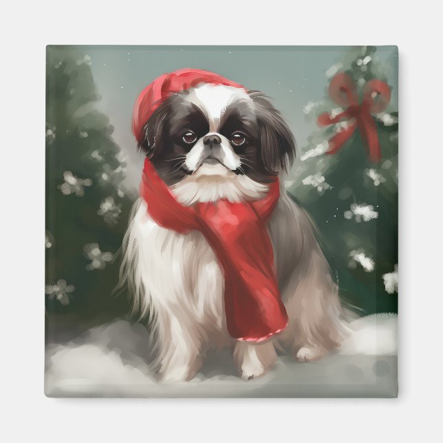 Aimant Chien chinois japonais à Noël de neige (Devant)
