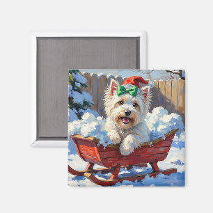Aimant Chien Coton de Tulear pelucheux Traîneau de Noël v
