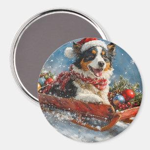 Aimant Chien de berger australien en Noël à Sledge