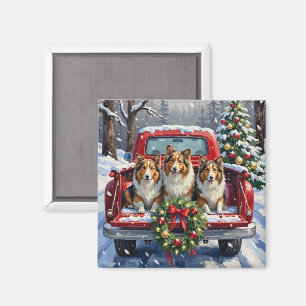 Aimant Chien de berger des Shetland camion rouge Noël vac