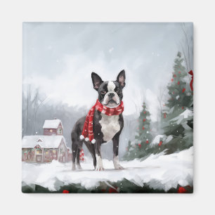 Aimant Chien de Boston Terrier pendant Noël de neige