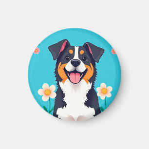 Aimant Chien de dessin animé entouré de fleurs