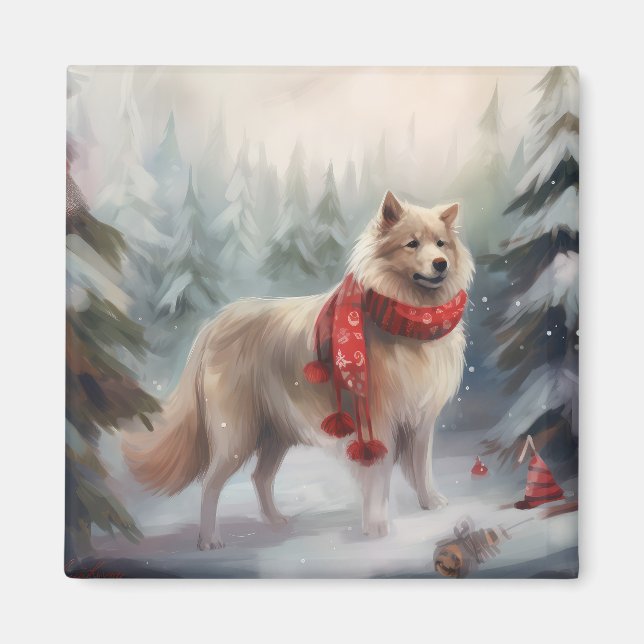 Aimant Chien de lappund finlandais à Noël de neige (Devant)