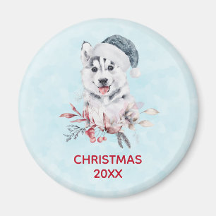 Aimant Chien de Noël Husky dans un chapeau de Père Noël