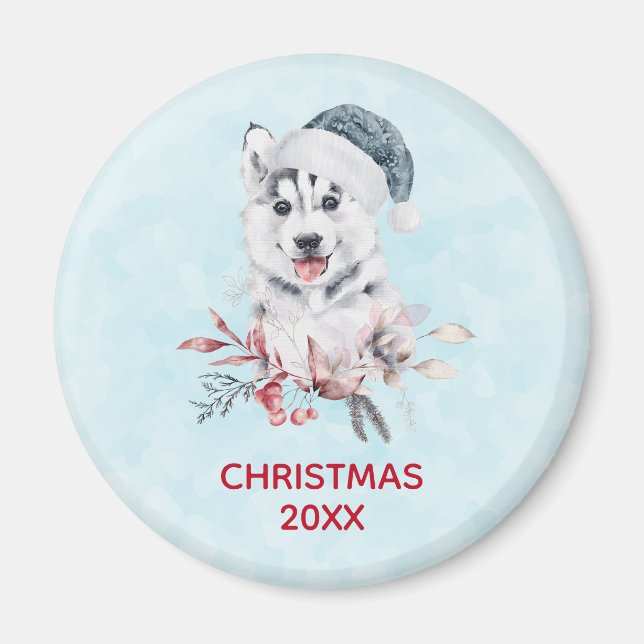 Aimant Chien de Noël Husky dans un chapeau de Père Noël (Devant)