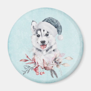 Aimant Chien de Noël Husky dans un chapeau de Père Noël