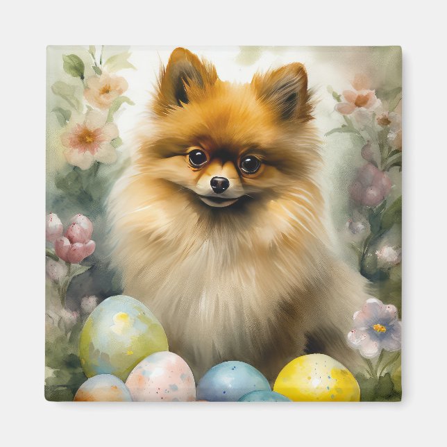 Aimant Chien de Poméranie avec oeufs de Pâques vacances (Devant)