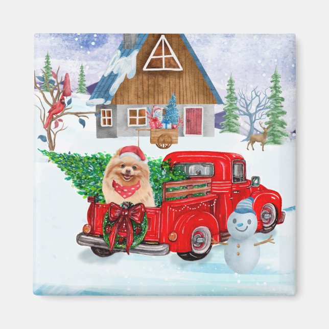 Aimant Chien de Poméranie en livraison de Noël Camion Nei (Devant)