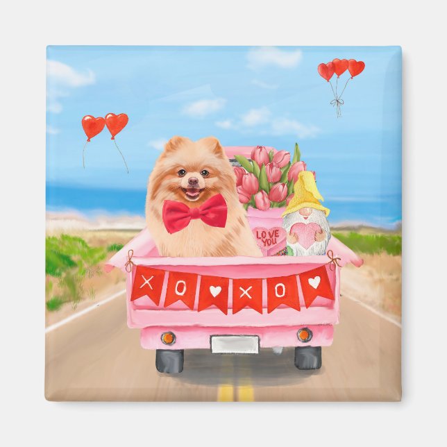 Aimant Chien de Poméranie Saint Valentin Coeurs de Camion (Devant)