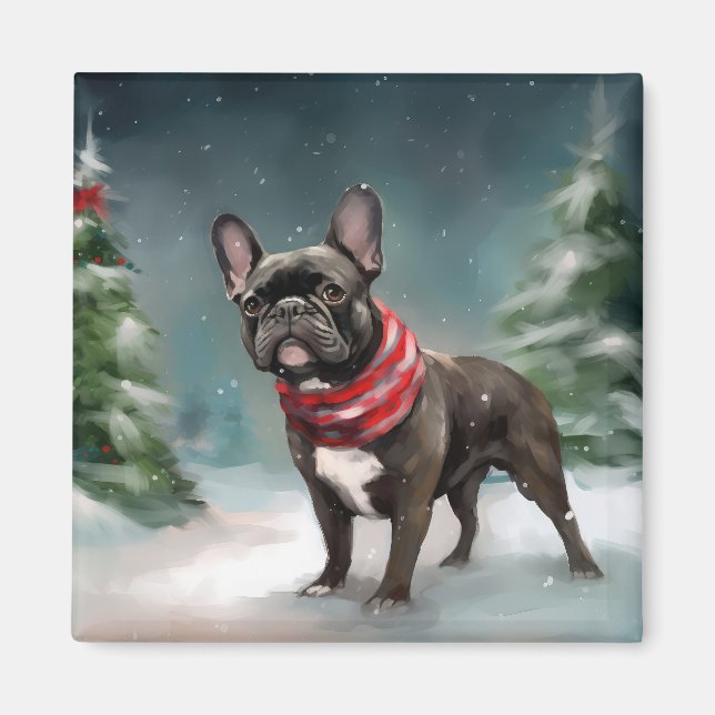 Aimant Chien de taureau français à Noël de neige (Devant)
