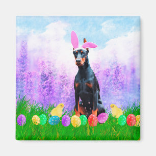 Aimant Chien Doberman avec oeufs de Pâques Poussins Bunny