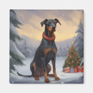 Aimant Chien Doberman dans la neige de Noël