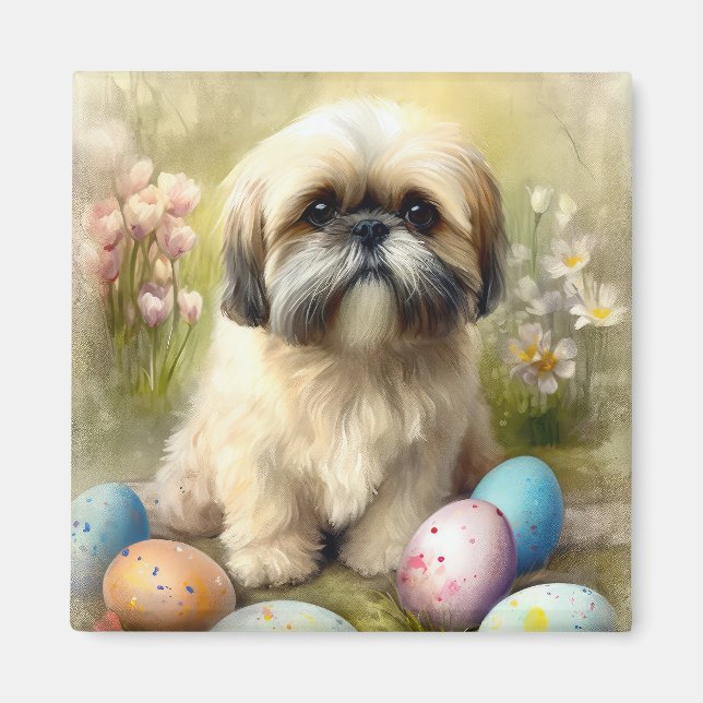 Aimant Chien Lhassa Apso avec oeufs de Pâques vacances (Devant)