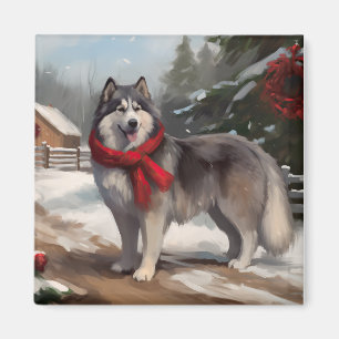 Aimant Chien Malamute d'Alaska dans la neige de Noël