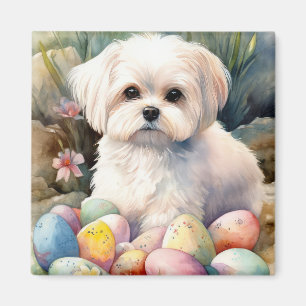 Aimant Chien maltais avec oeufs de Pâques vacances