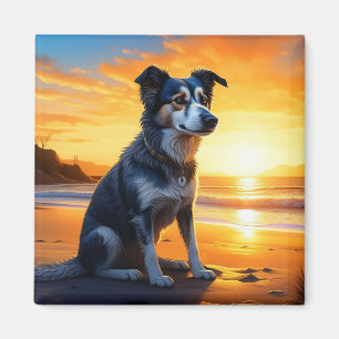 Aimant Chien mignon sur la plage au coucher du soleil