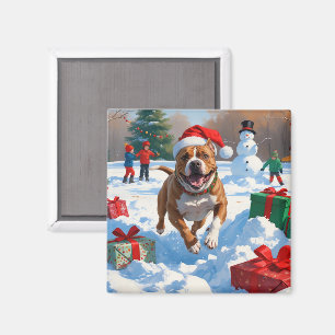 Aimant Chien Pitbull courant dans la neige avec un chapea