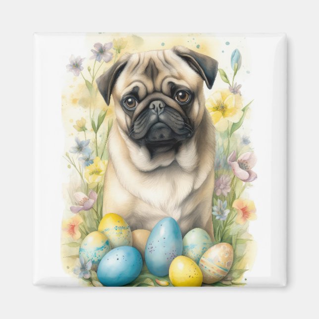 Aimant Chien Pug avec vacances de œufs de Pâques  (Devant)