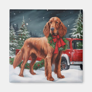 Aimant Chien rouge irlandais à la neige Noël