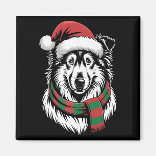 Aimant Chien Rough Collie Noël Chapeau Santa Écharpe Chri