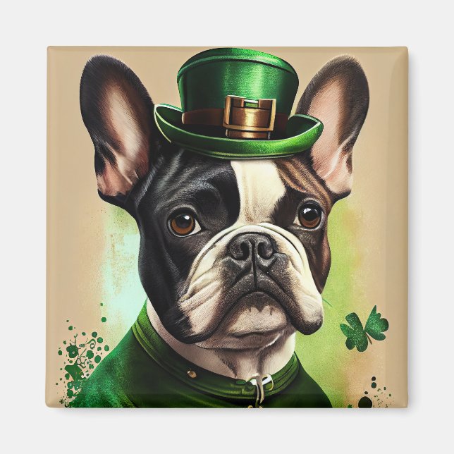 Aimant Chien-taureau français en tenue de la Saint Patric (Devant)