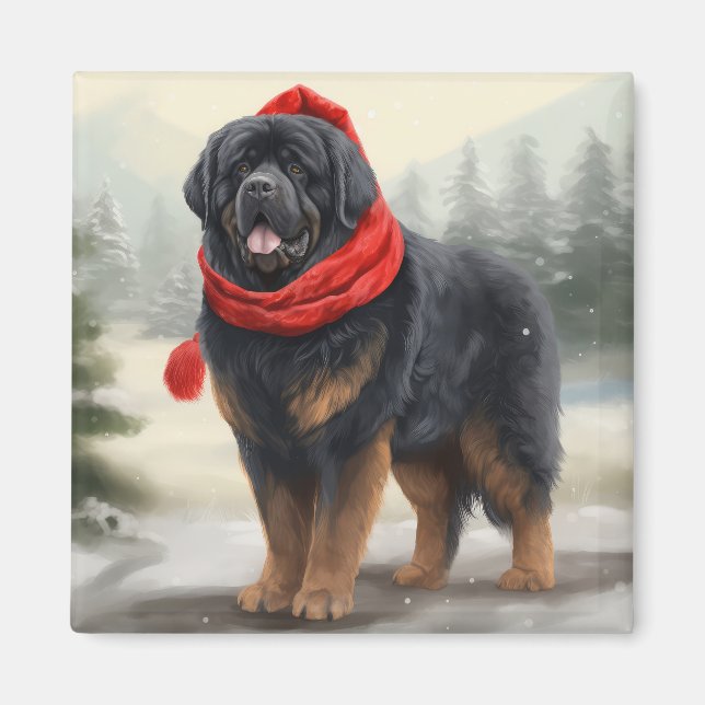 Aimant Chien tibétain mastiff à Noël de neige (Devant)