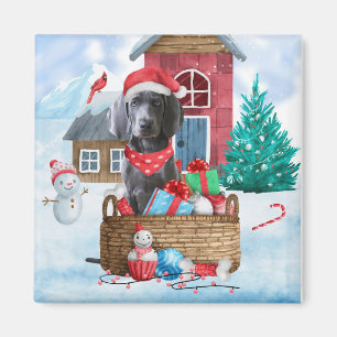Aimant Chien Weimaraner dans la maison de Noël enneigée