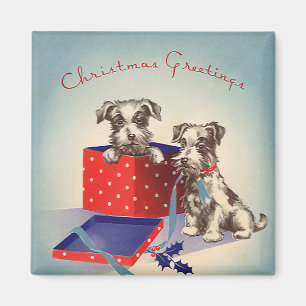 Aimant Chiens Chiots mignons, Voeux de Noël Vintage