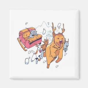 Aimant Chiens de Noël et traîneau de chat