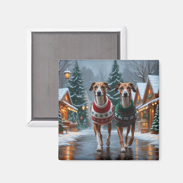 Aimant Chiens Greyhound Noël Neige Fêtes (Recto/Verso)
