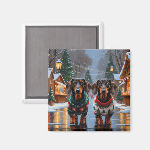 Aimant Chiens Teckel Noël Neige Fêtes