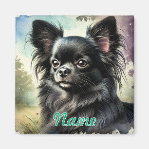 Aimant Chihuahua noir à long haïre en aquarelle