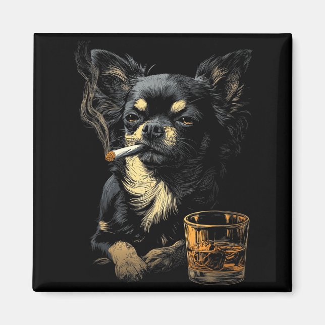 Aimant Chihuahua Smoking Cigarette Whisky Lover Funny Dog (Devant)