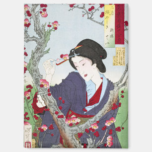 Aimant Chinoiserie Dame japonaise et fleur de cerisier ro