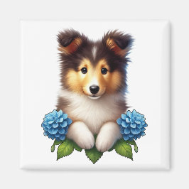 Aimant Chiot adorable avec Fleurs Bleues