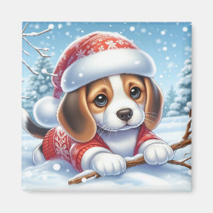 Aimant Chiot beagle en tenue de Noël Profitant de la neig