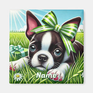 Aimant Chiot de Boston Terrier personnalisé avec Bow vert