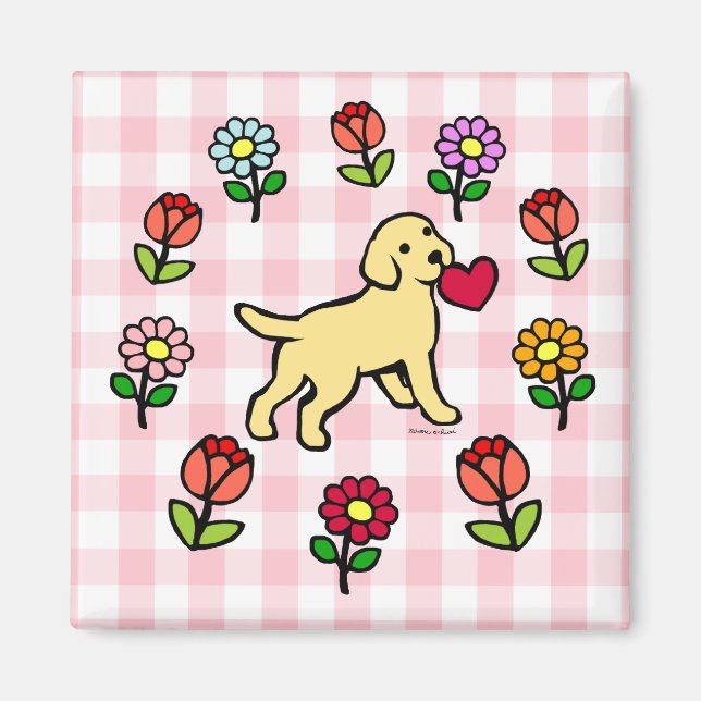Aimant Chiot du laboratoire jaune et coeur rouge (Devant)