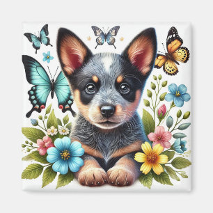 Aimant Chiot Heeler avec papillons et fleurs