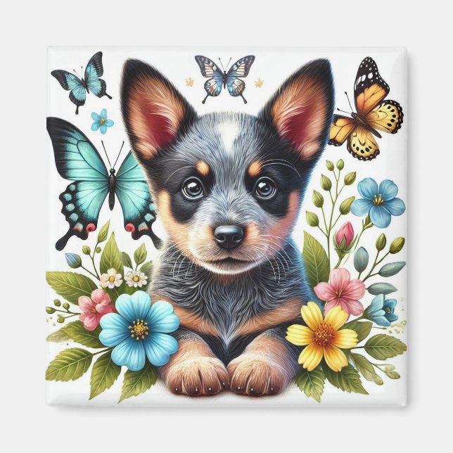 Aimant Chiot Heeler avec papillons et fleurs (Devant)