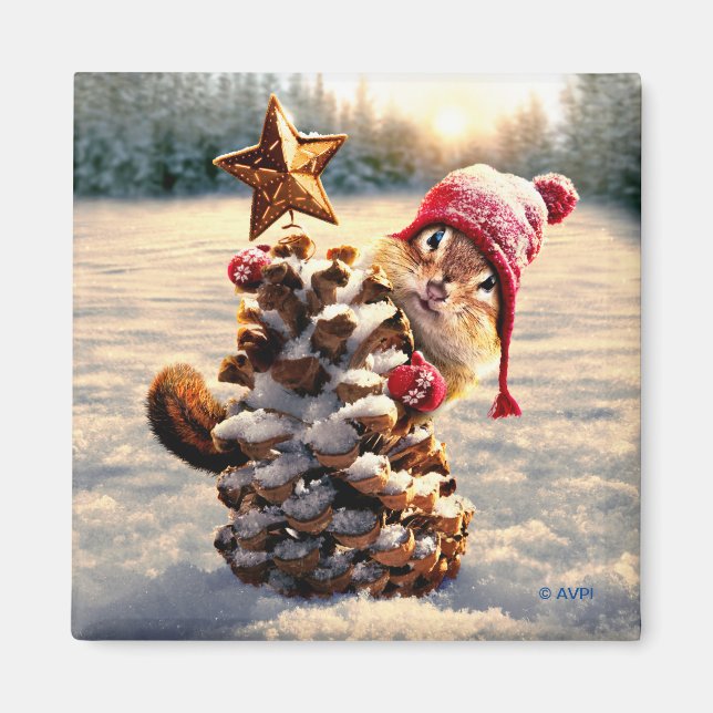 Aimant Chipmunk Avec Pine Cone Tree (Devant)