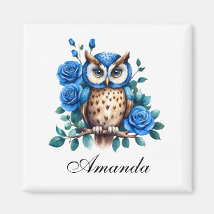 Aimant Chouette bleu aquarelle et Rose