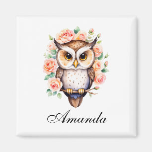 Aimant Chouette d'aquarelle mignonne et Roses feuillus