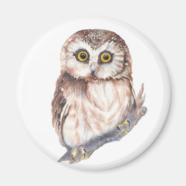 Aimant Chouette mignonne, Aquarelle Nature des oiseaux, (Devant)
